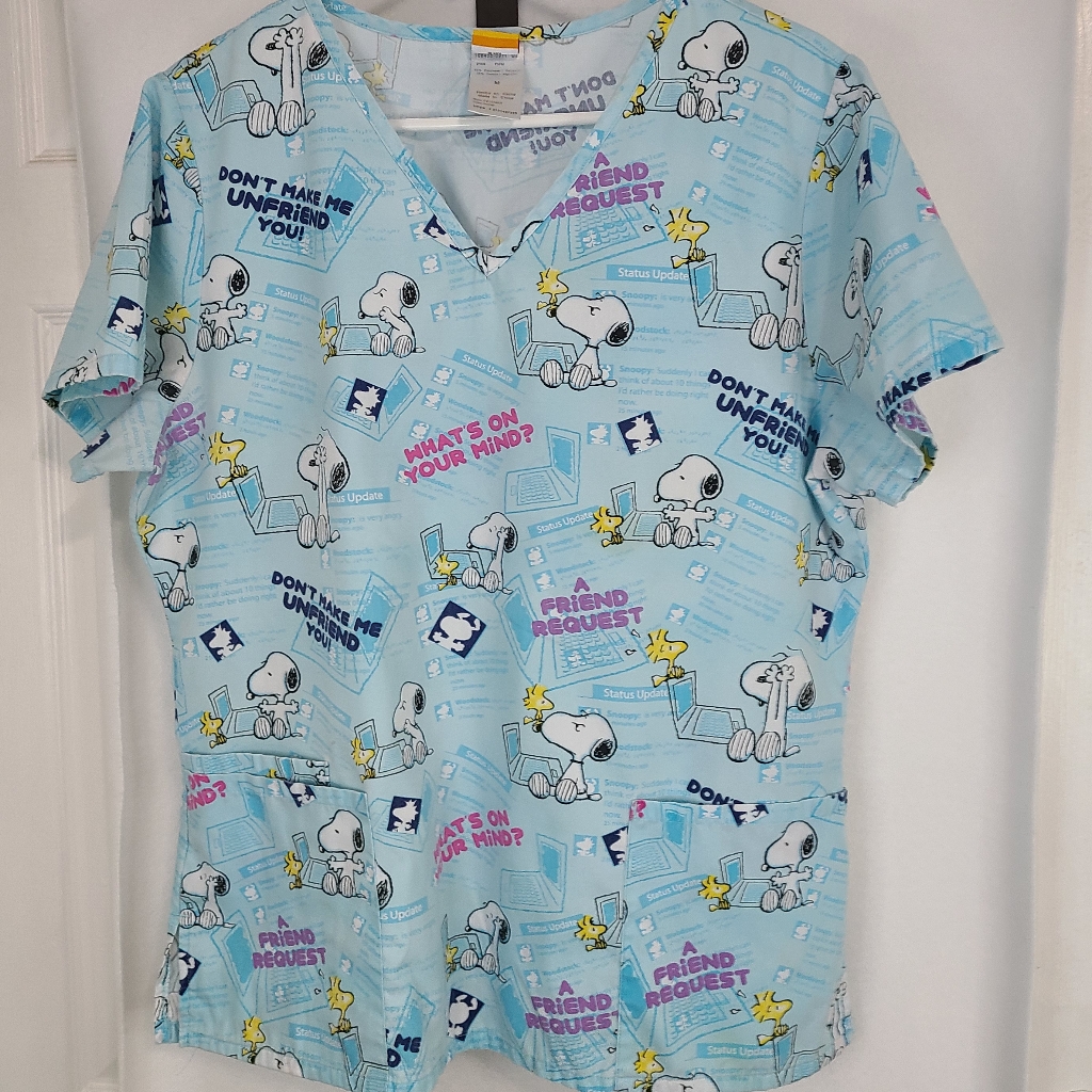 (783) Peanuts Woman's Characters Hospital Work Scrubs, Size: Medium Color: Blue